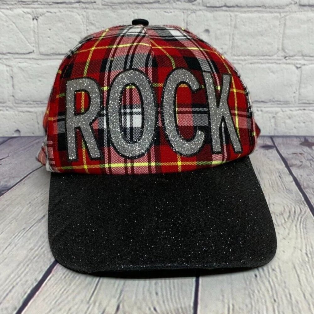 Justice Girls Baseball Hat Plaid Tartan Cap ROCK Glittered Glitters Adjustable